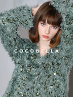 COCOBELLA Sequin Feather Tulle Tweed Inspired Straight Fit V Neck Long Sleeve Teal Shirts