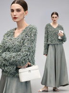 COCOBELLA Sequin Feather Yarn Embellished Boucle Straight Fit Women V Neck Sweater