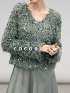 COCOBELLA Sequin Feather Yarn Embellished Boucle Straight Fit Women V Neck Sweater