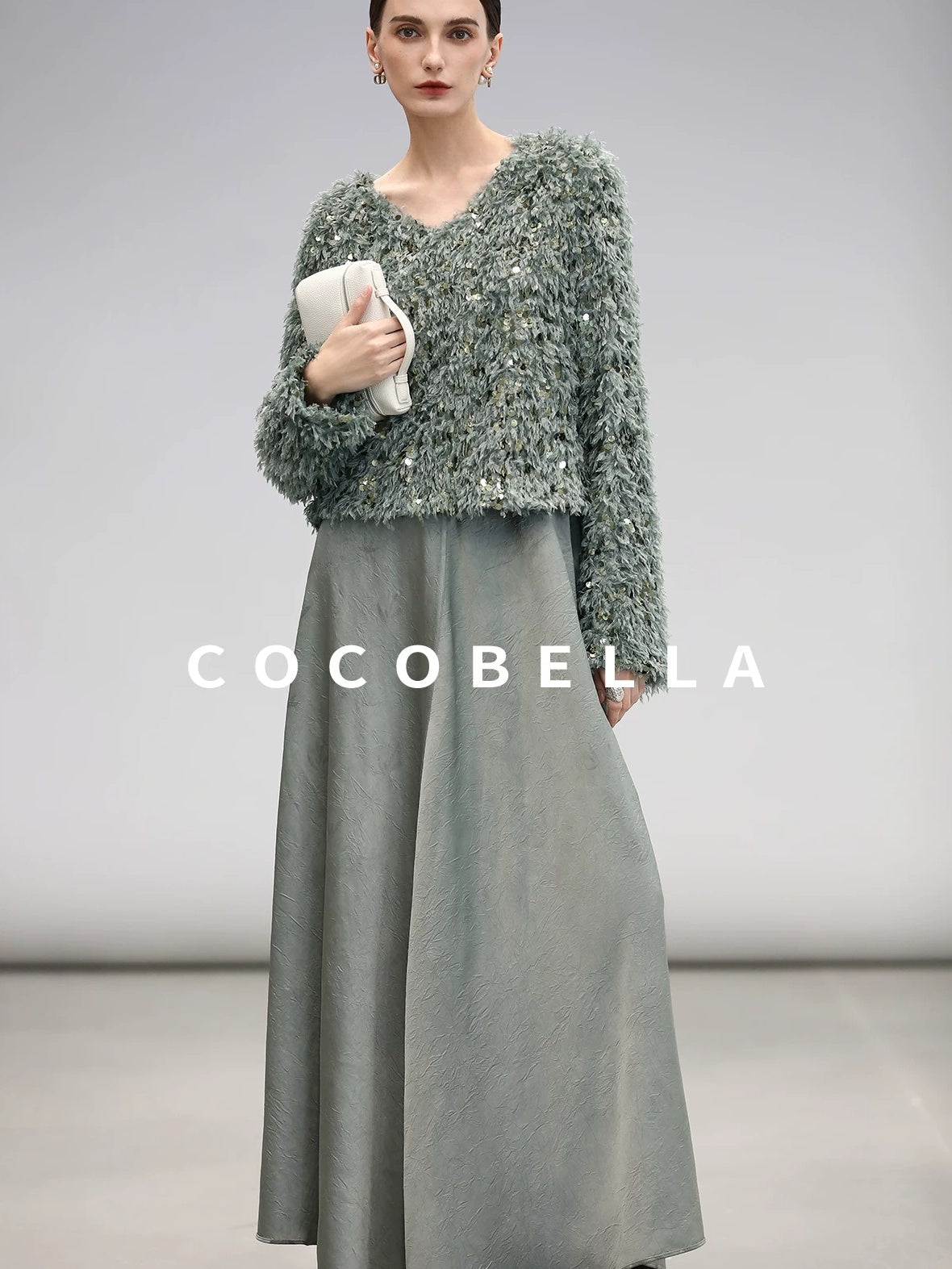 COCOBELLA Sequin Feather Yarn Embellished Boucle Straight Fit Women V Neck Sweater