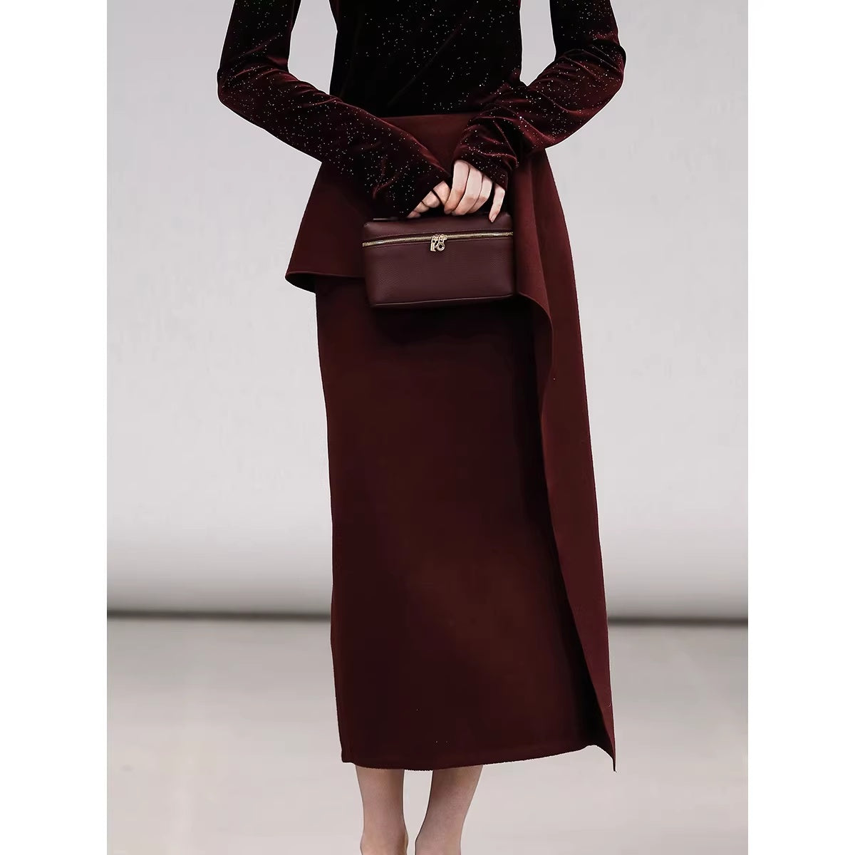 COCOBELLA_Sequin_French_Slim_Mock_Neck_Women_Work_Long_Sleeve_Burgundy_Shirts_MISSTT