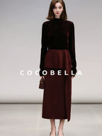 COCOBELLA Sequin French Slim Mock Neck Women Work Long Sleeve Burgundy Shirts