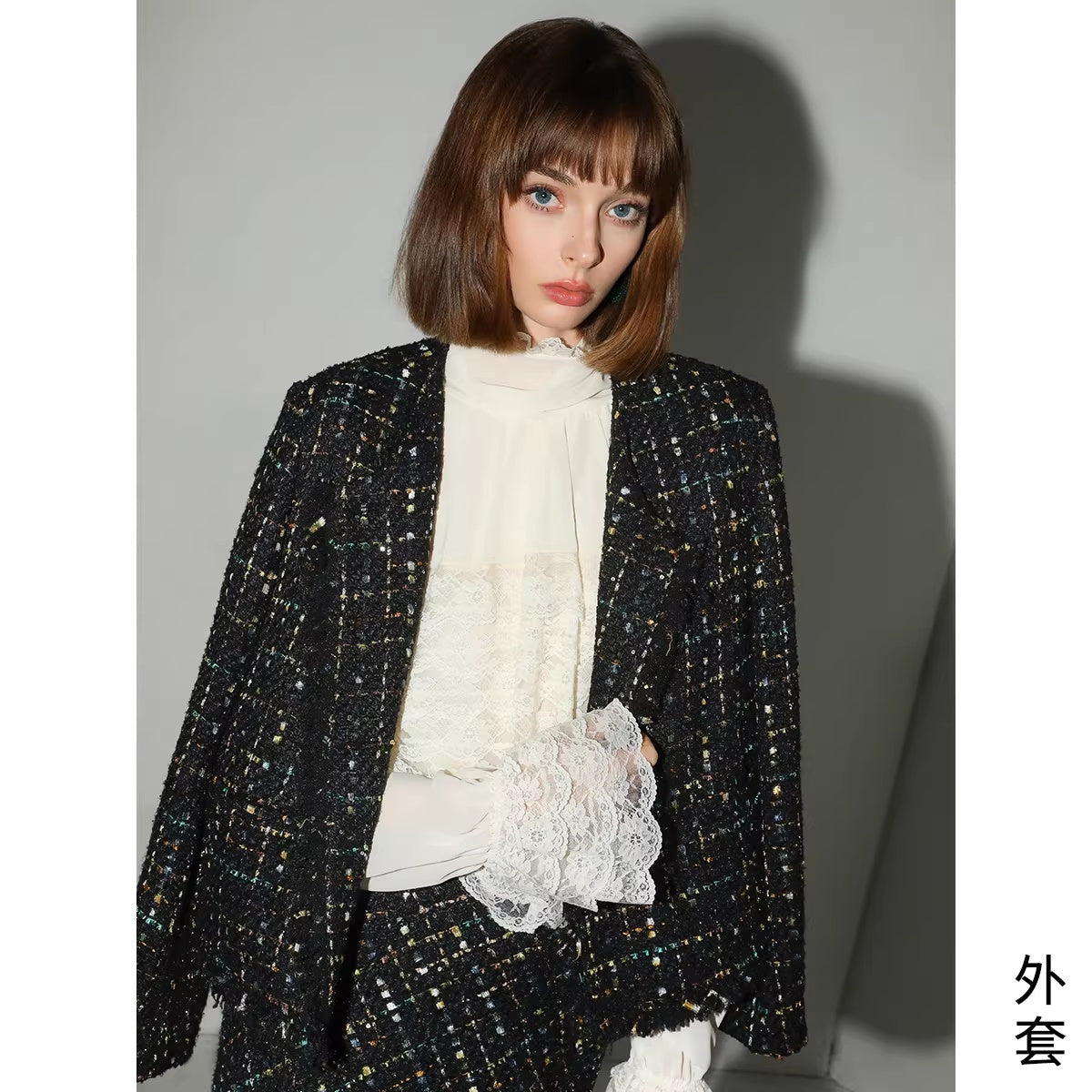 COCOBELLA_Sequin_Fringe_Button_Pocket_Collarless_Straight_Fit_Lady_Office_Blazers_MISSTT