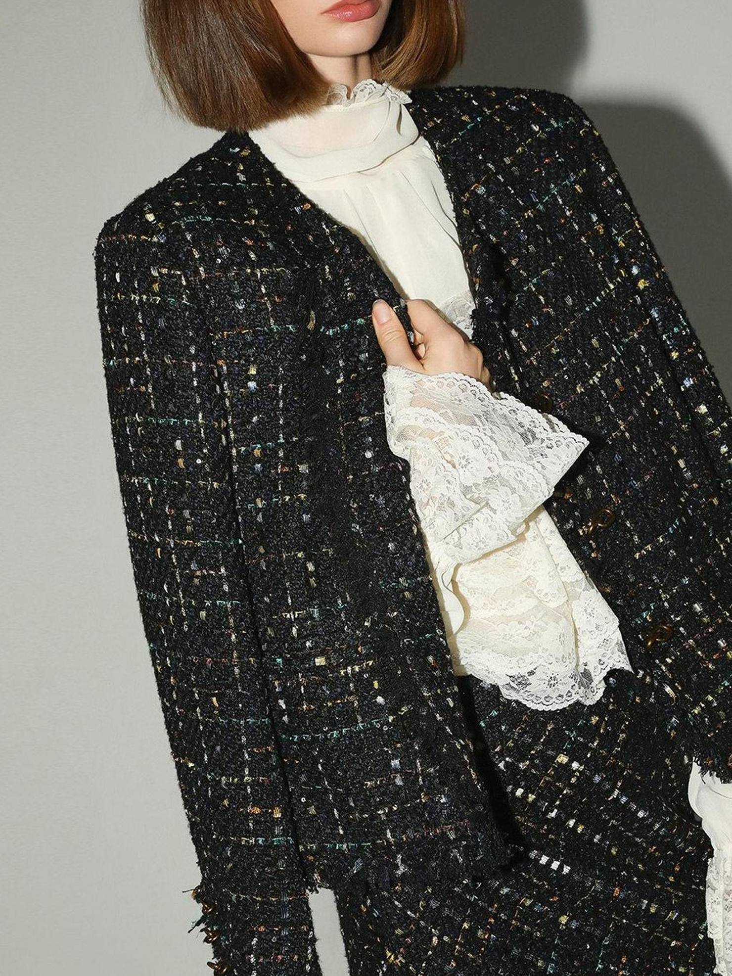 COCOBELLA Sequin Fringe Button Pocket Collarless Straight Fit Lady Office Blazers