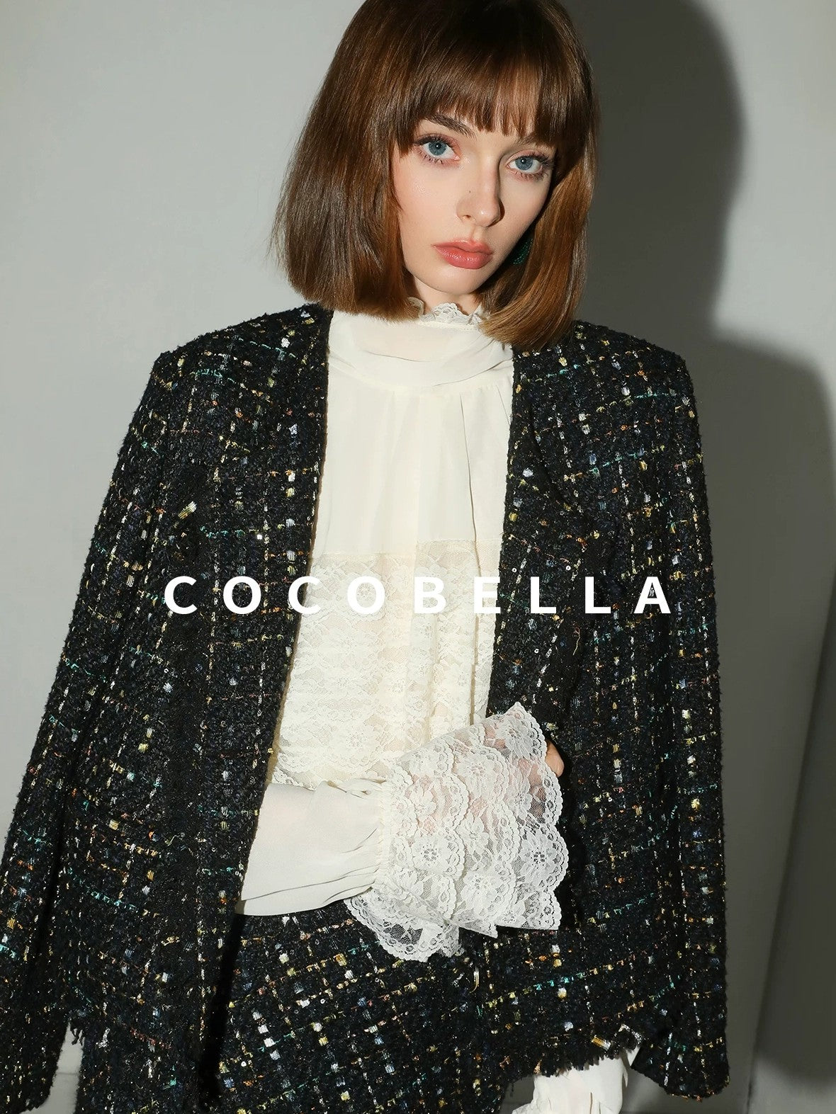 COCOBELLA Sequin Fringe Button Pocket Collarless Straight Fit Lady Office Blazers