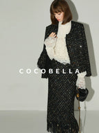 COCOBELLA Sequin Fringe Button Pocket Collarless Straight Fit Lady Office Blazers