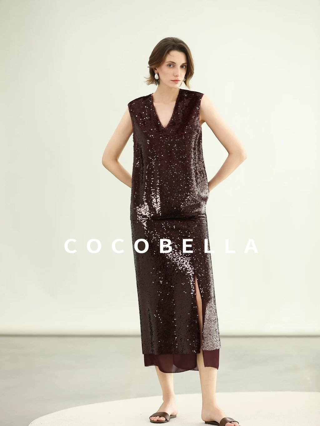 COCOBELLA Sequin Light Luxury V Neck Sleeveless Straight Fit Women Shirts