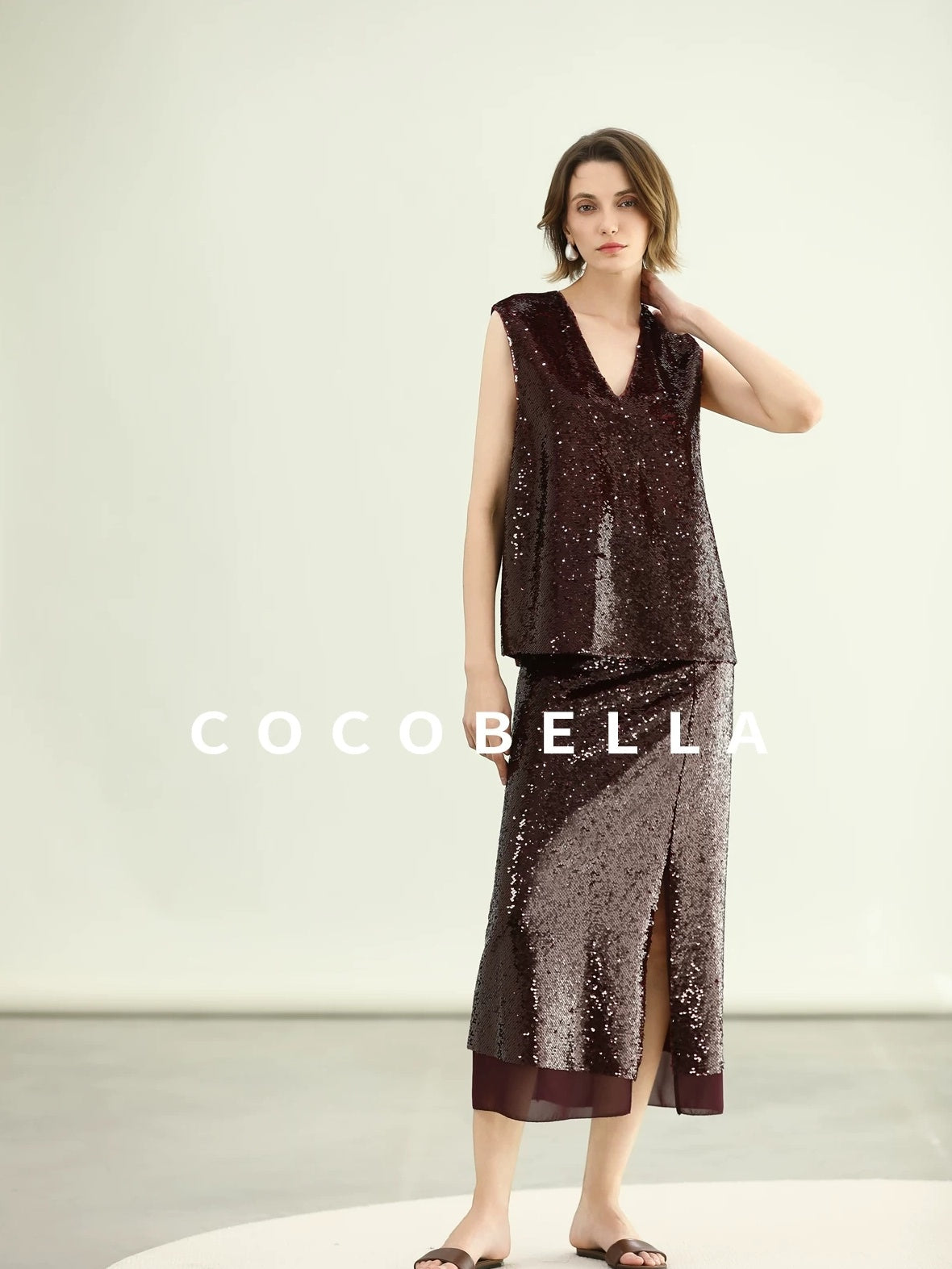 COCOBELLA Sequin Light Luxury V Neck Sleeveless Straight Fit Women Shirts