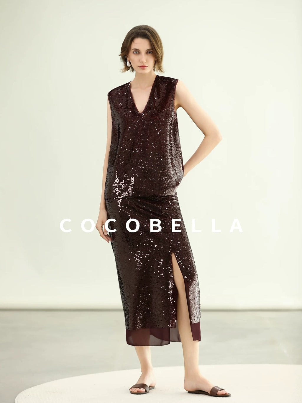 COCOBELLA Sequin Light Luxury V Neck Sleeveless Straight Fit Women Shirts