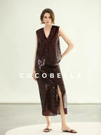 COCOBELLA Sequin Light Luxury V Neck Sleeveless Straight Fit Women Shirts