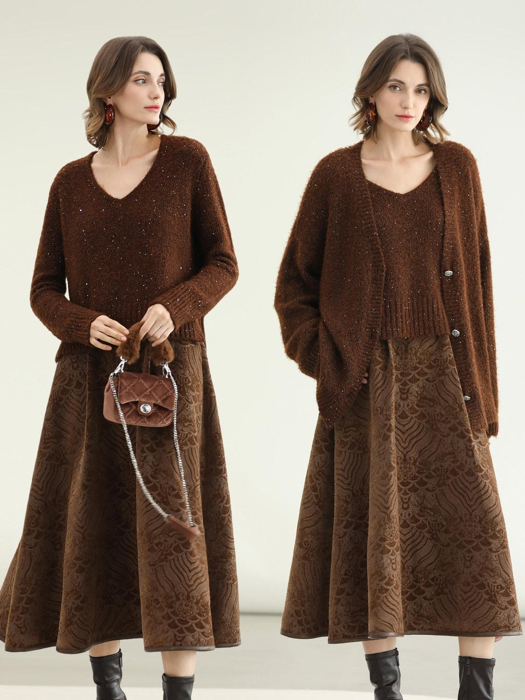 COCOBELLA Sequin Lurex Button Cardigan Office Relaxed Fit Caramel Brown Sweater