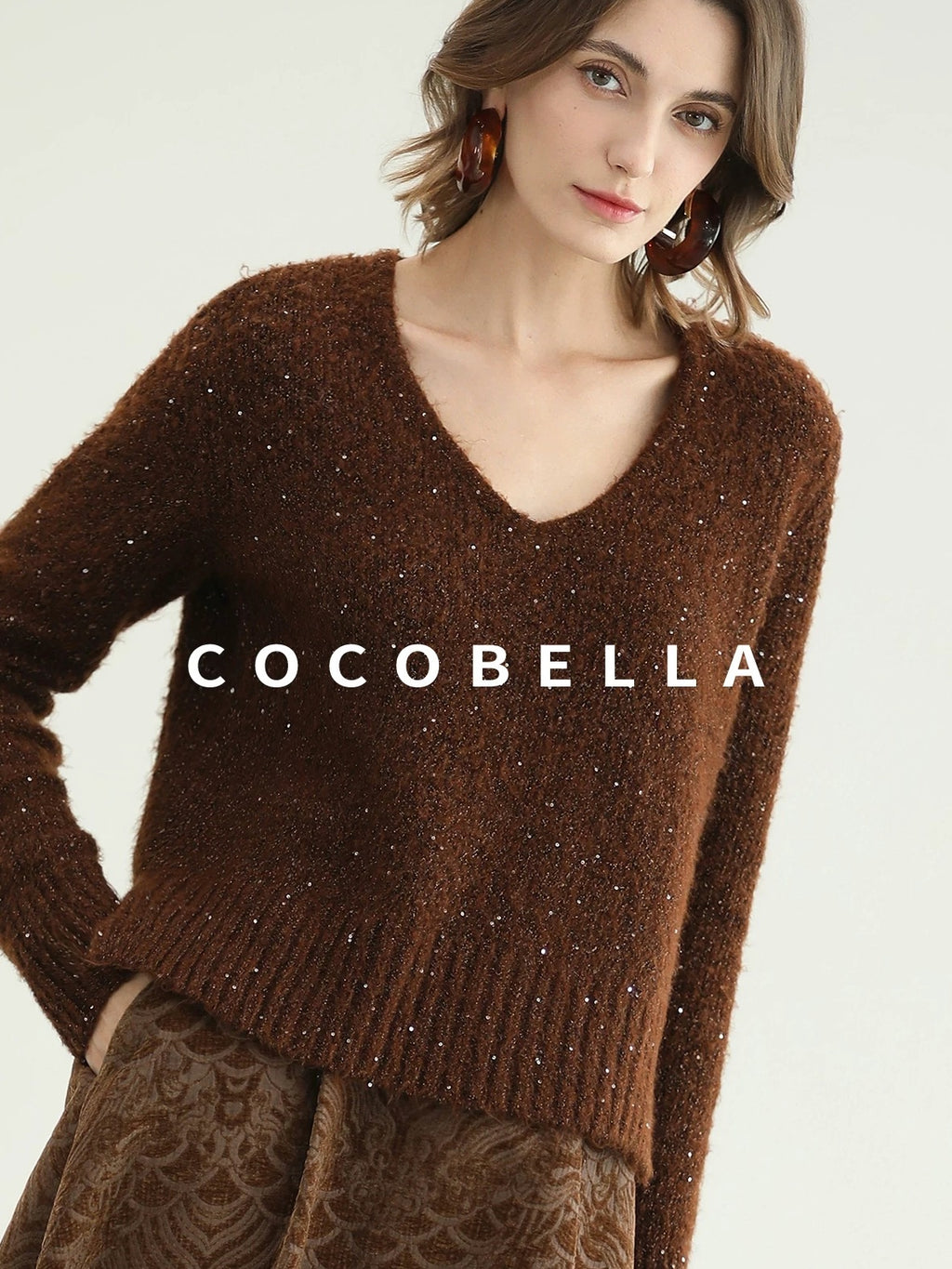 COCOBELLA Sequin Lurex Button Cardigan Office Relaxed Fit Caramel Brown Sweater