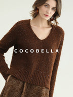 COCOBELLA Sequin Lurex Button Cardigan Office Relaxed Fit Caramel Brown Sweater