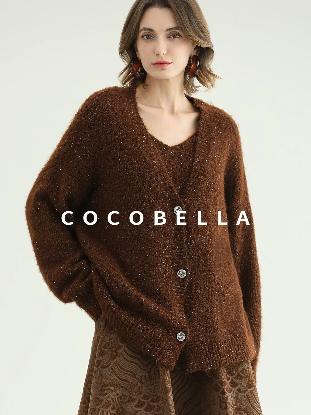 COCOBELLA Sequin Lurex Button Cardigan Office Relaxed Fit Caramel Brown Sweater