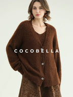COCOBELLA Sequin Lurex Button Cardigan Office Relaxed Fit Caramel Brown Sweater