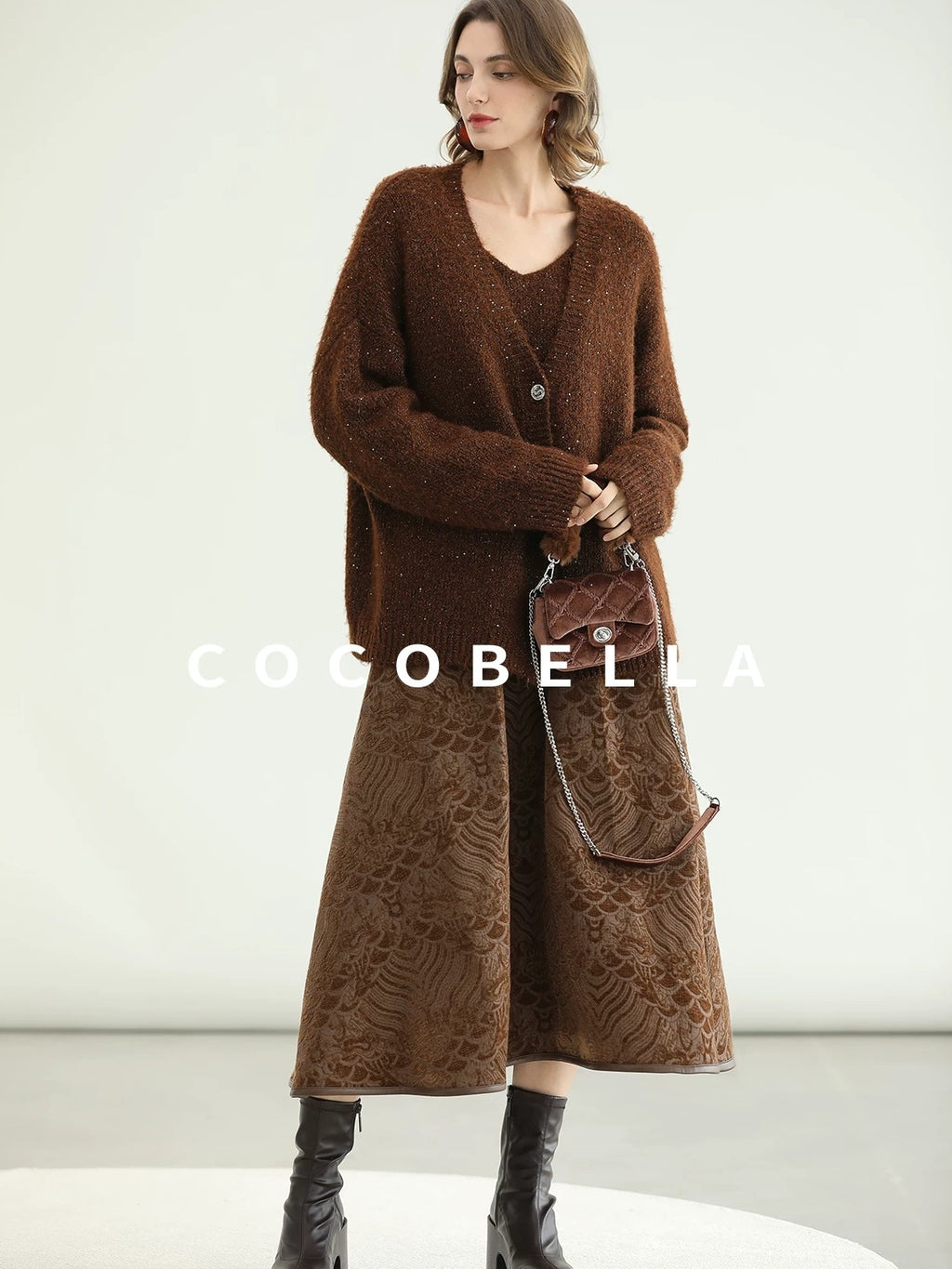 COCOBELLA Sequin Lurex Button Cardigan Office Relaxed Fit Caramel Brown Sweater