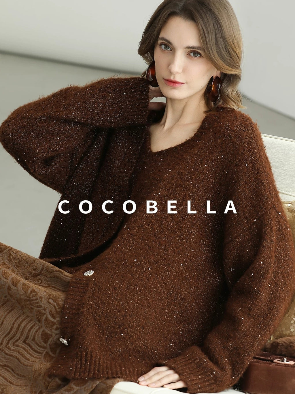 COCOBELLA Sequin Lurex Button Cardigan Office Relaxed Fit Caramel Brown Sweater