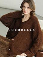 COCOBELLA Sequin Lurex Button Cardigan Office Relaxed Fit Caramel Brown Sweater