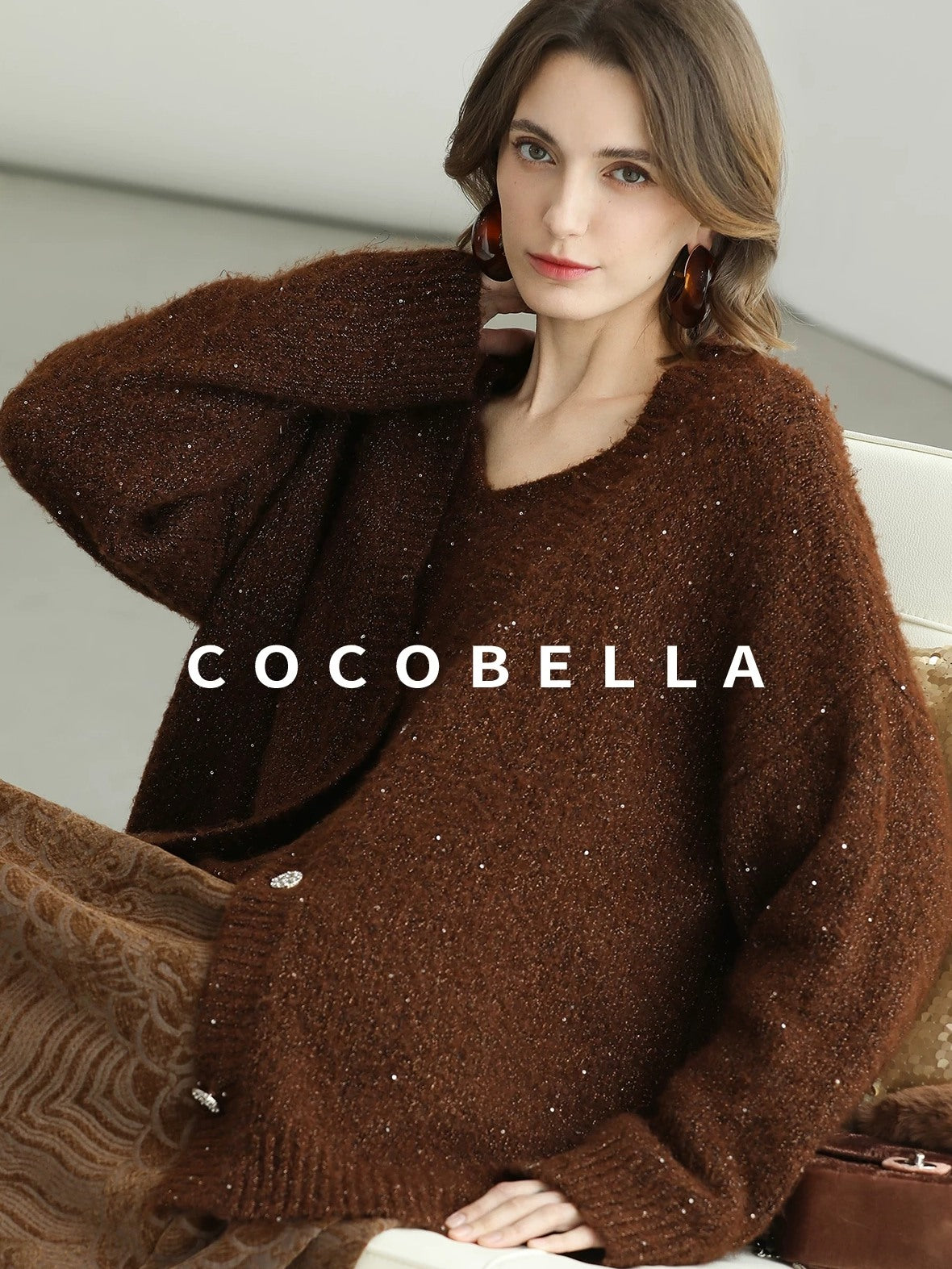 COCOBELLA Sequin Lurex Button Cardigan Office Relaxed Fit Caramel Brown Sweater