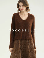 COCOBELLA Sequin Lurex Button Cardigan Office Relaxed Fit Caramel Brown Sweater
