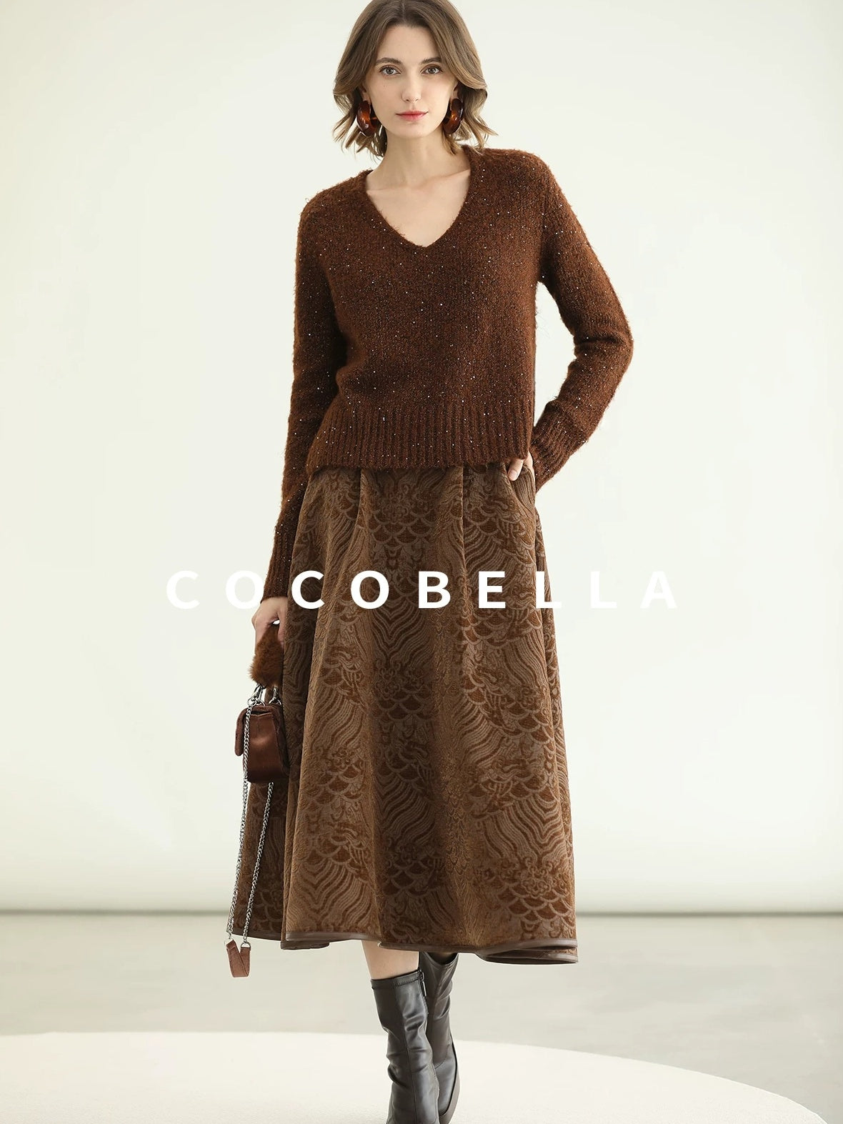 COCOBELLA Sequin Lurex Button Cardigan Office Relaxed Fit Caramel Brown Sweater