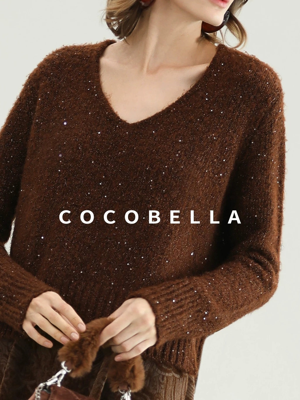 COCOBELLA Sequin Lurex Button Cardigan Office Relaxed Fit Caramel Brown Sweater