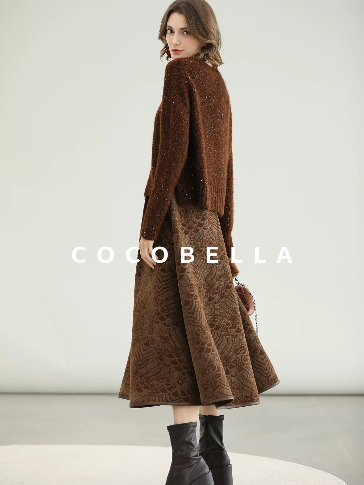 COCOBELLA Sequin Lurex Button Cardigan Office Relaxed Fit Caramel Brown Sweater