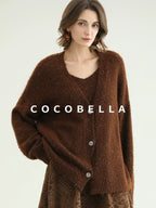 COCOBELLA Sequin Lurex Button Cardigan Office Relaxed Fit Caramel Brown Sweater