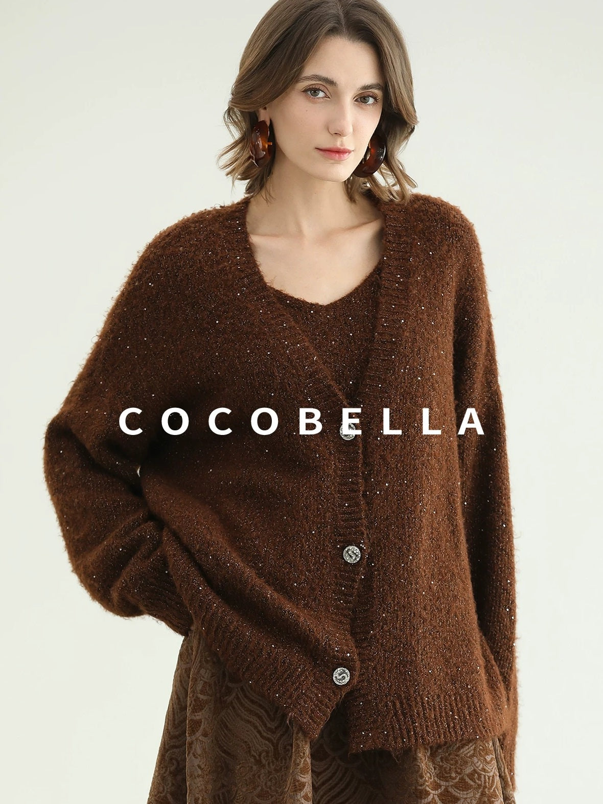 COCOBELLA Sequin Lurex Button Cardigan Office Relaxed Fit Caramel Brown Sweater