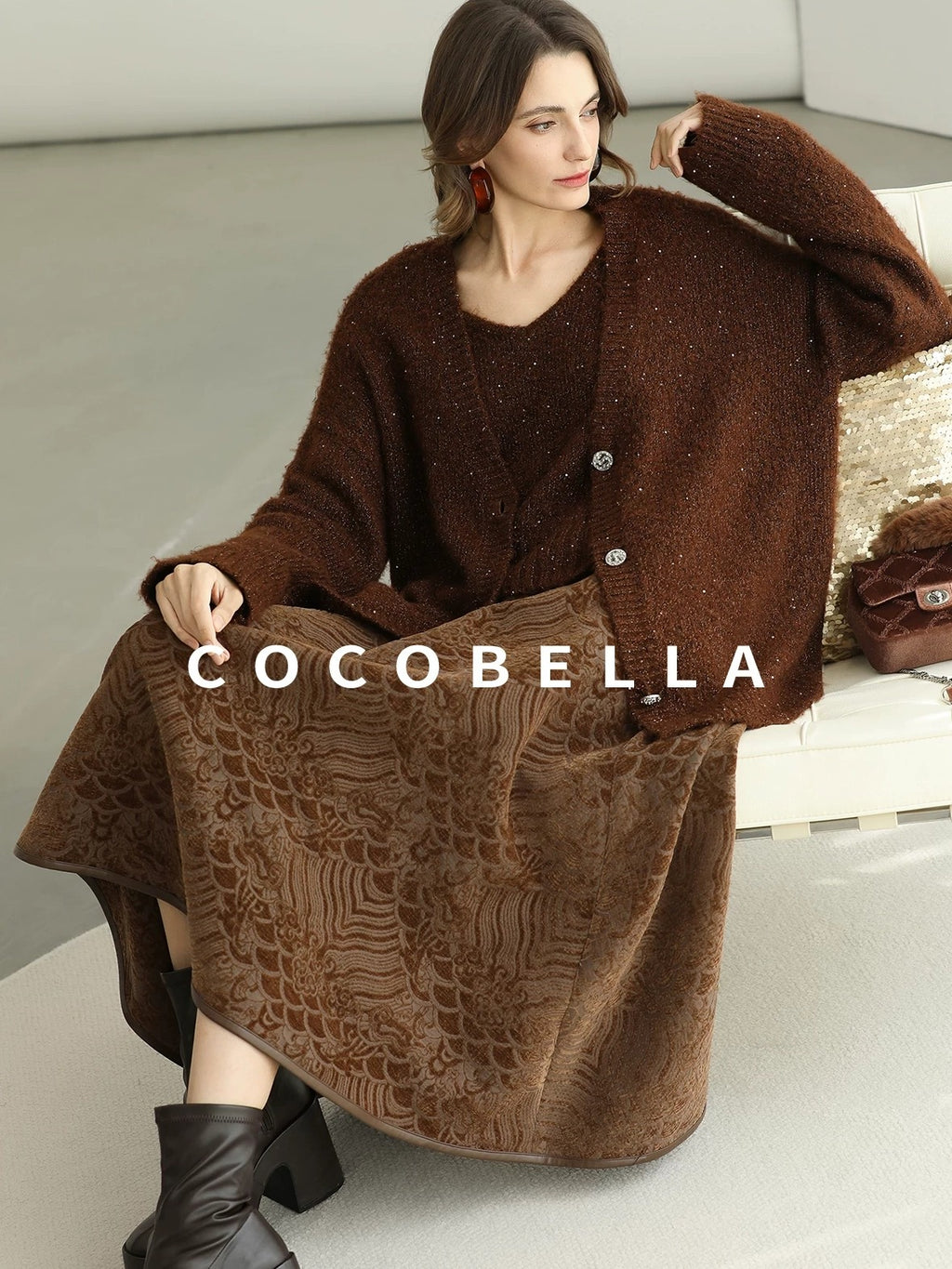 COCOBELLA Sequin Lurex Button Cardigan Office Relaxed Fit Caramel Brown Sweater