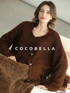 COCOBELLA Sequin Lurex Button Cardigan Office Relaxed Fit Caramel Brown Sweater