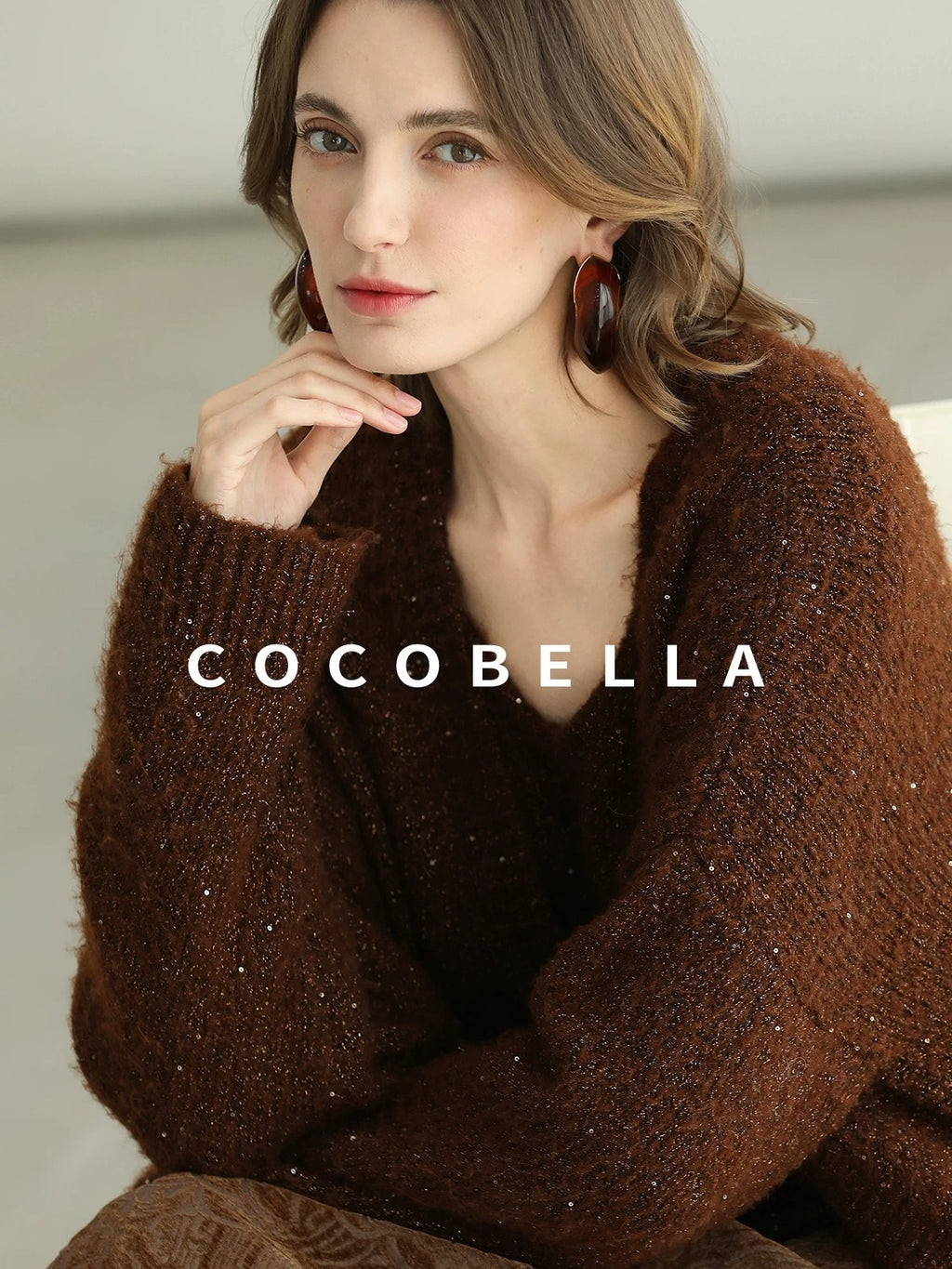 COCOBELLA Sequin Lurex Button Cardigan Office Relaxed Fit Caramel Brown Sweater