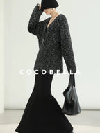 COCOBELLA Sequin Patchwork Elegant Fitted Mermaid Mid Waist Side Zipper City Black Dresses