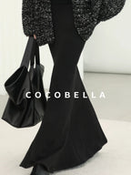 COCOBELLA Sequin Patchwork Elegant Fitted Mermaid Mid Waist Side Zipper City Black Dresses