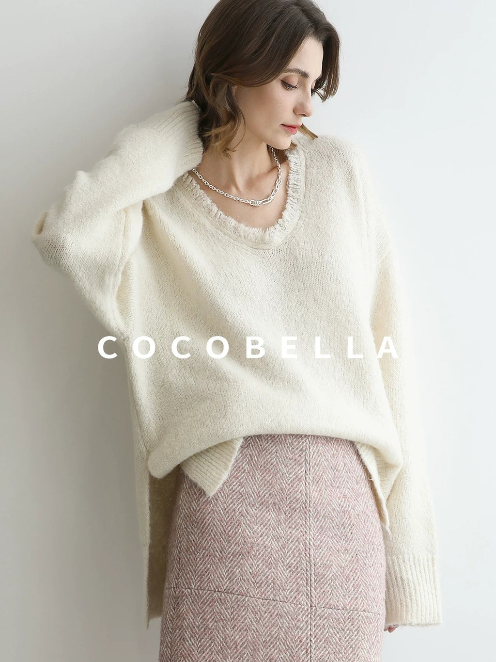COCOBELLA Sequin Sparkle Relaxed V Neck Raw Edge Rib Slit Office Knit Pullover Sweater