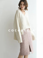 COCOBELLA Sequin Sparkle Relaxed V Neck Raw Edge Rib Slit Office Knit Pullover Sweater