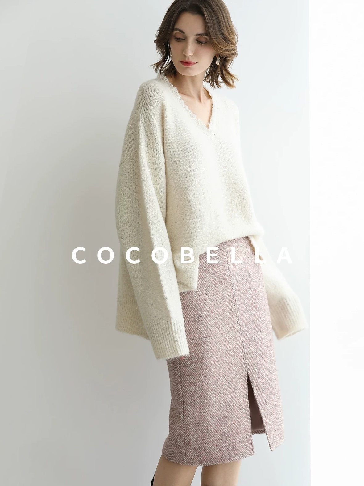 COCOBELLA Sequin Sparkle Relaxed V Neck Raw Edge Rib Slit Office Knit Pullover Sweater