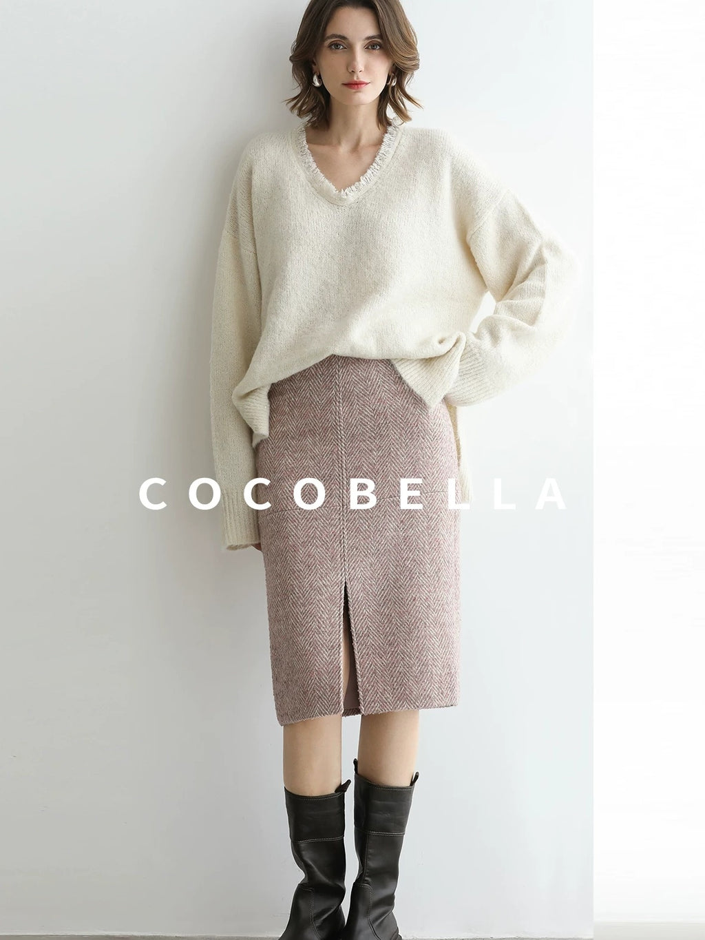 COCOBELLA Sequin Sparkle Relaxed V Neck Raw Edge Rib Slit Office Knit Pullover Sweater