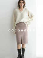 COCOBELLA Sequin Sparkle Relaxed V Neck Raw Edge Rib Slit Office Knit Pullover Sweater