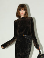 COCOBELLA Sequined French Slim Fit Half Turtleneck Long Sleeve Women Coffee Brown Shirts