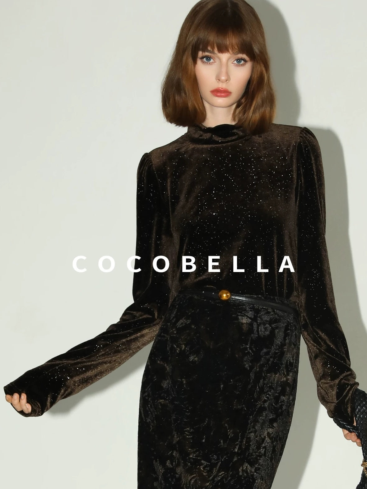 COCOBELLA Sequined French Slim Fit Half Turtleneck Long Sleeve Women Coffee Brown Shirts
