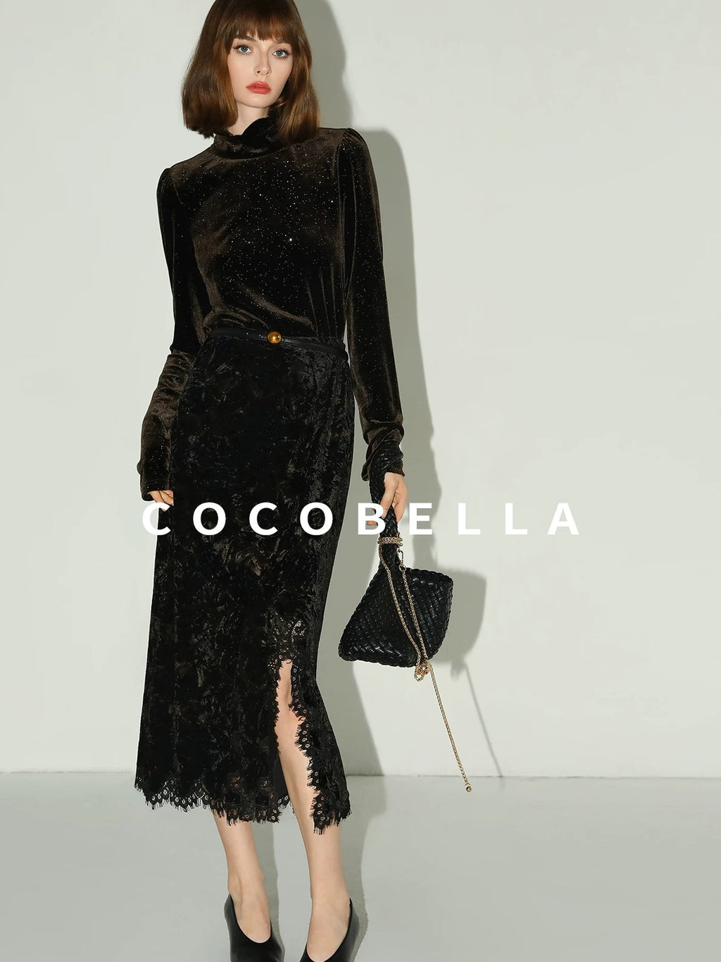 COCOBELLA Sequined French Slim Fit Half Turtleneck Long Sleeve Women Coffee Brown Shirts