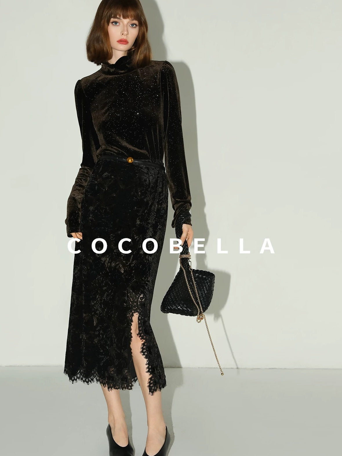 COCOBELLA Sequined French Slim Fit Half Turtleneck Long Sleeve Women Coffee Brown Shirts