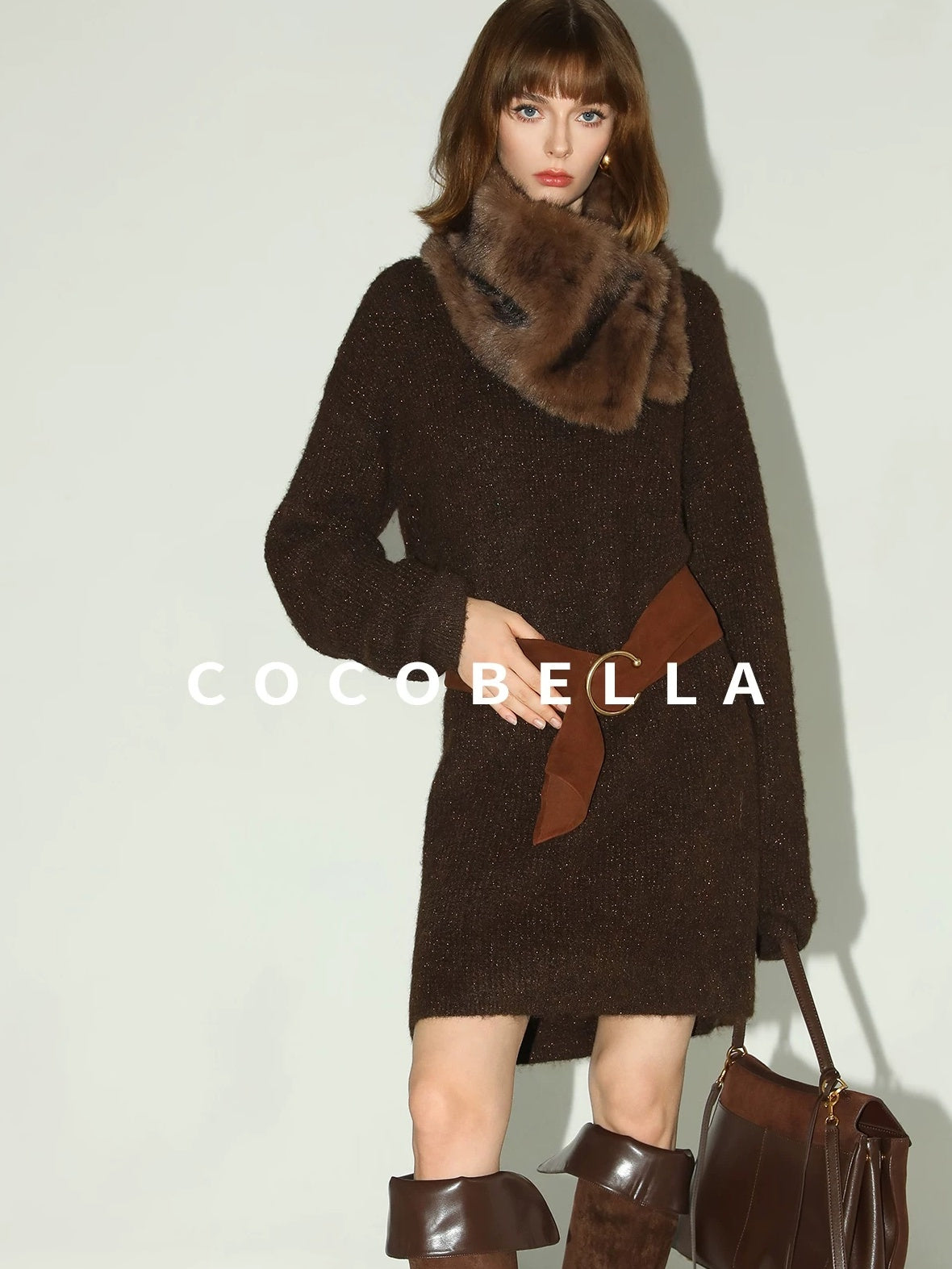 COCOBELLA Shimmer Knit Relaxed Fit H Line Long Sleeve Round Neck Work Dresses