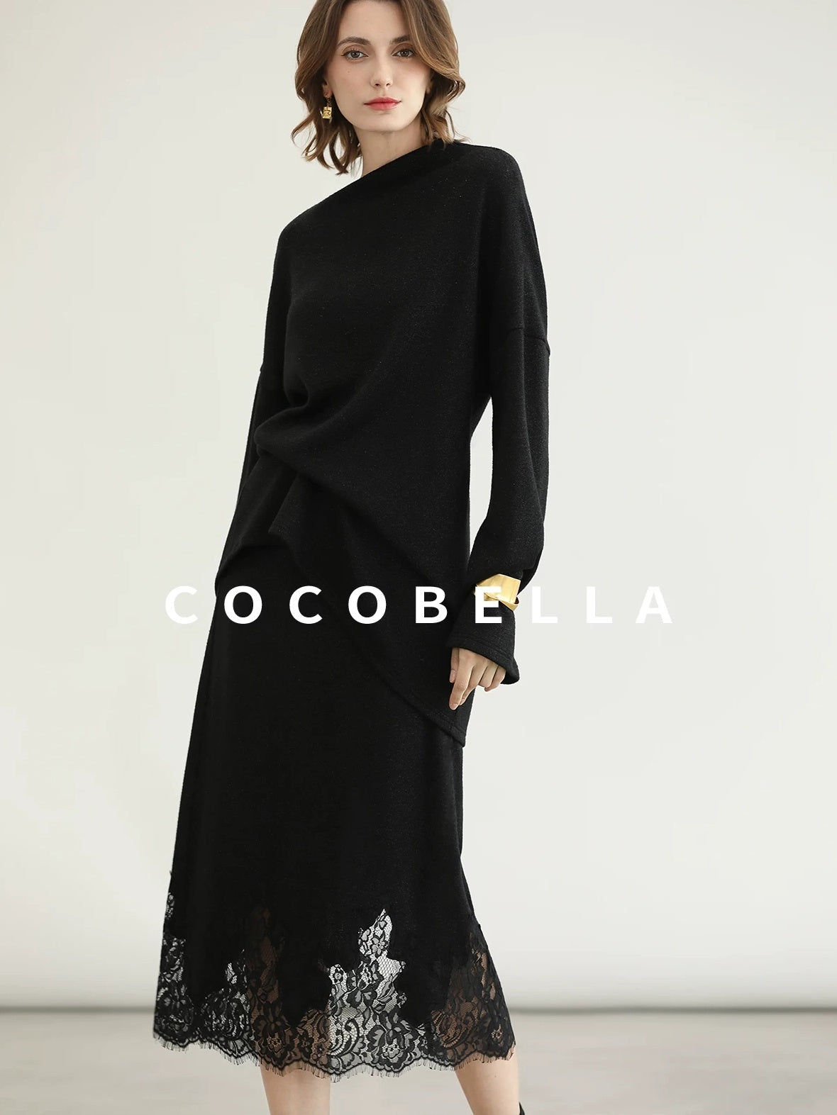 COCOBELLA Shimmer Loose Fit Boat Neck Office Chic Women Classic Black Knit Sweater