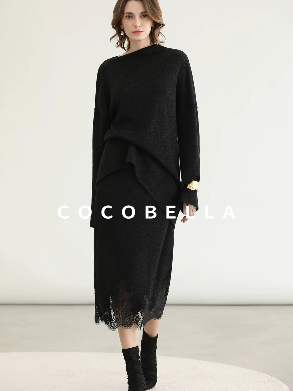 COCOBELLA Shimmer Loose Fit Boat Neck Office Chic Women Classic Black Knit Sweater