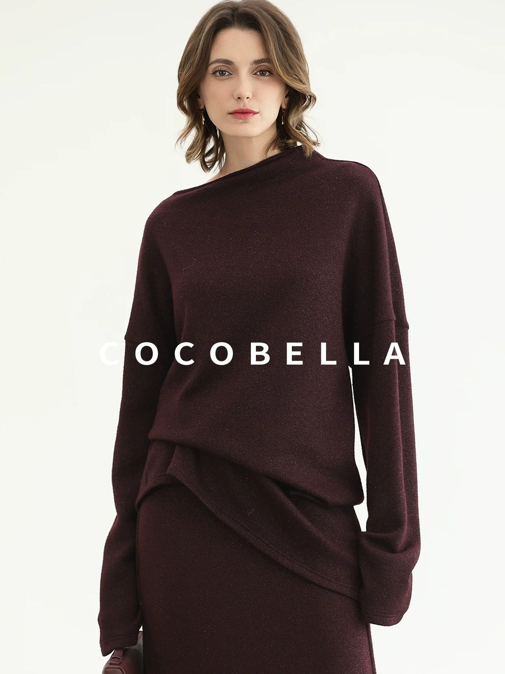 COCOBELLA Shimmer Lurex Loose Fit Boat Neck Office Knit Long Sleeve Women Sweater