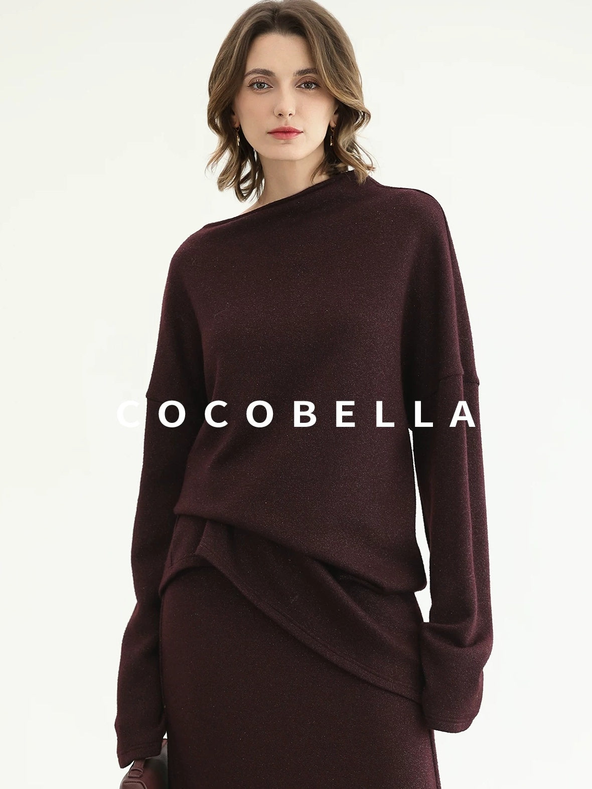 COCOBELLA Shimmer Lurex Loose Fit Boat Neck Office Knit Long Sleeve Women Sweater