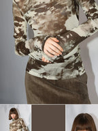 COCOBELLA Shimmer Print Slim Fit Turtleneck Long Sleeve Office Commute Shirts