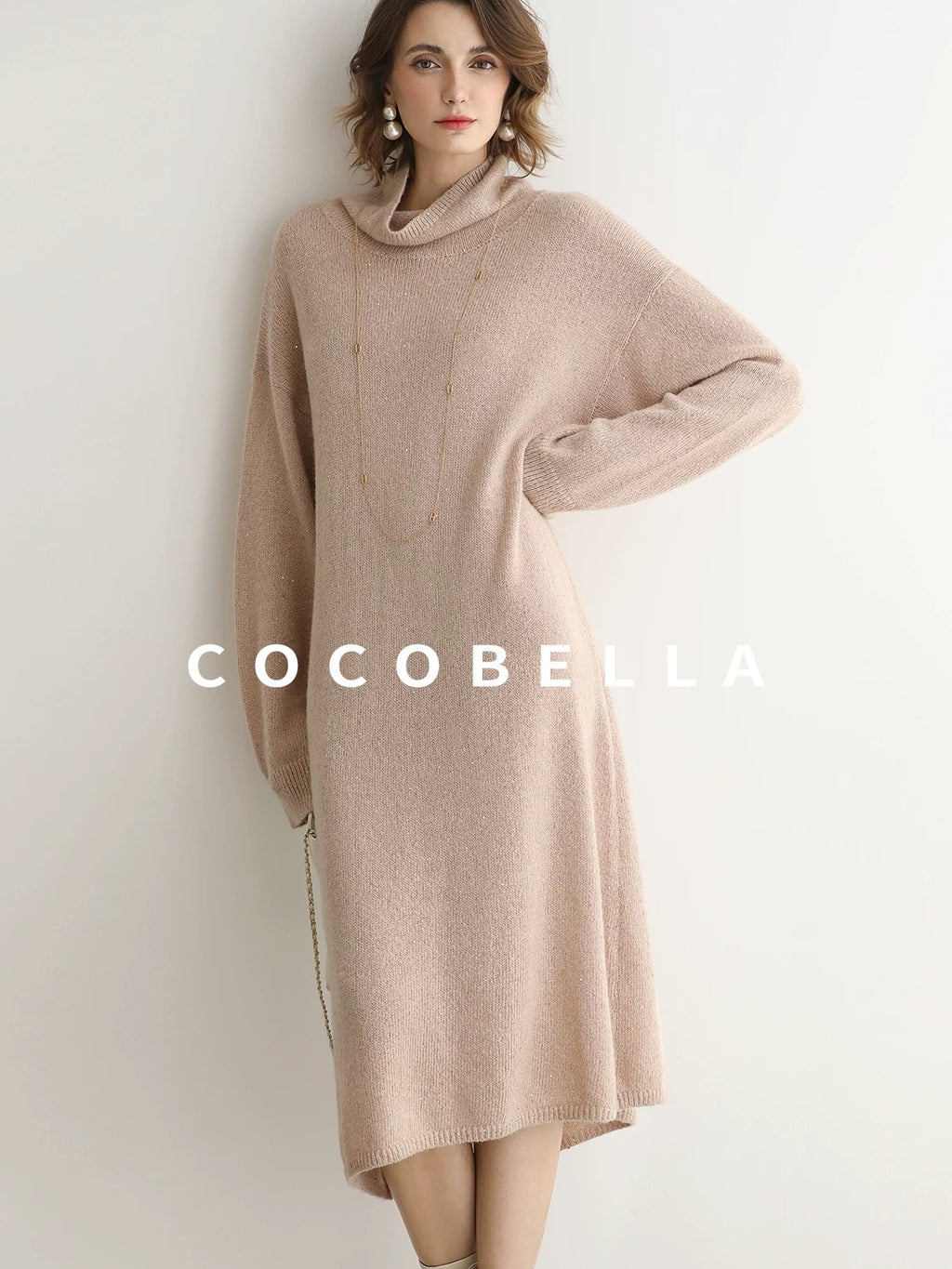 COCOBELLA Shimmer Ribbed High Neck H Line Natural Waist Office Knit Dresses